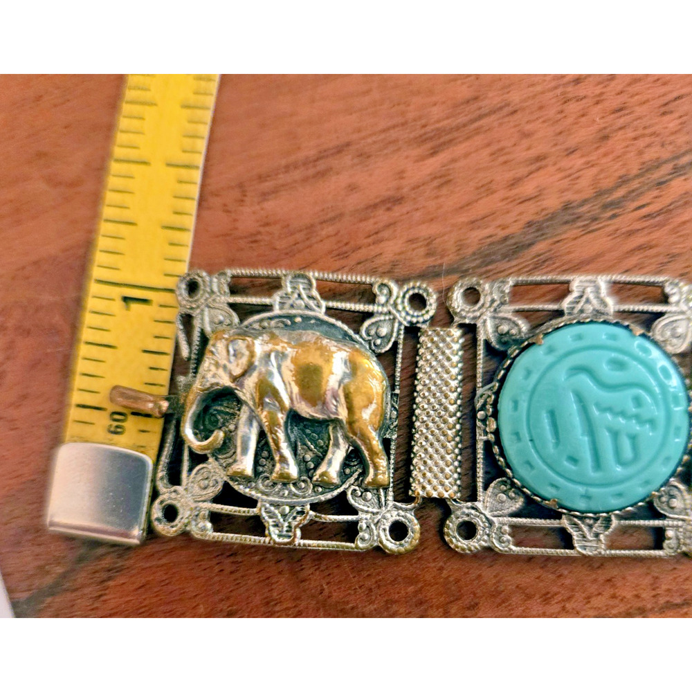 Vintage Egyptian Revival Panel Bracelet Silver Tone Scarabs Pharoah Elephants - Picture 8 of 13